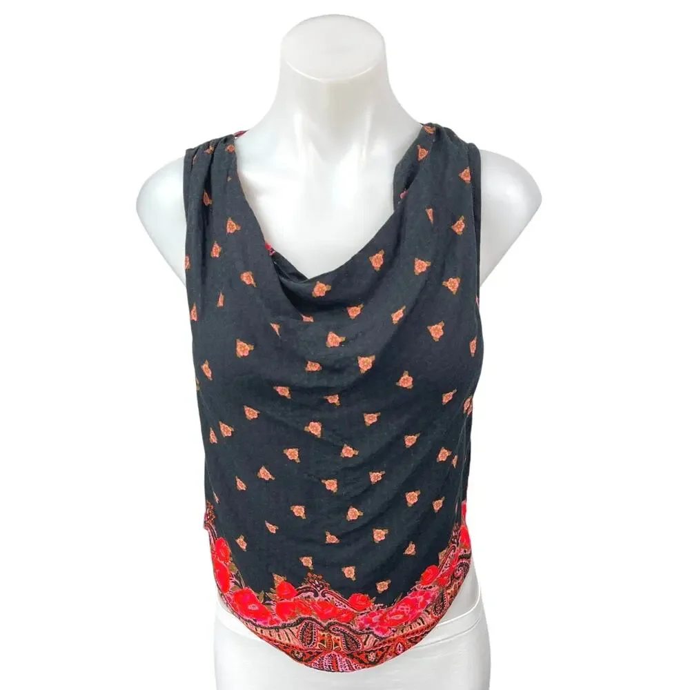 NEW Free People Silas Women's Black Red Floral Paisley Cowl Neck Tank Top Sz XS